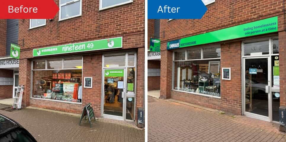 Clean, modernised store entrance featuring new dark grey and bright green Emmaus Hertfordshire fascia signage.